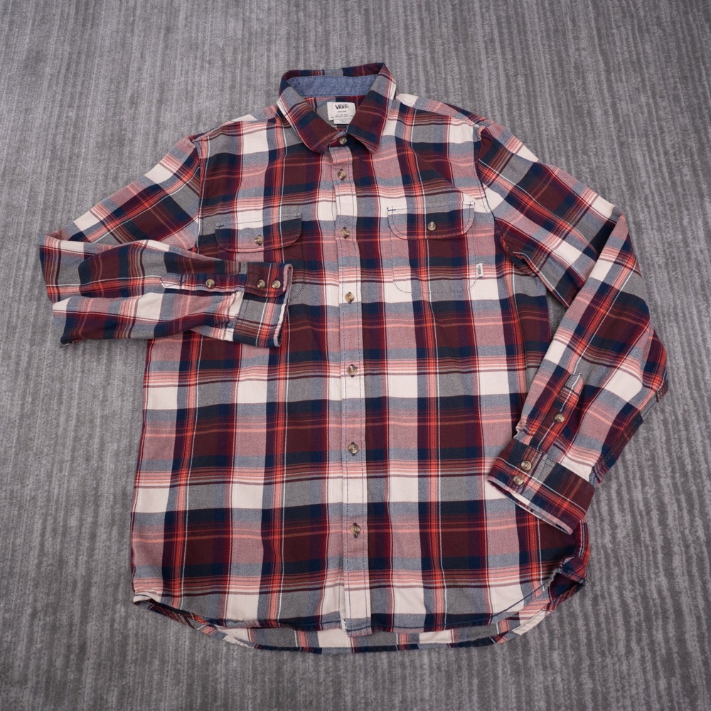 Vans Flannel Shirt Mens Medium Red Blue Plaid Long Sleeve Button Up Good